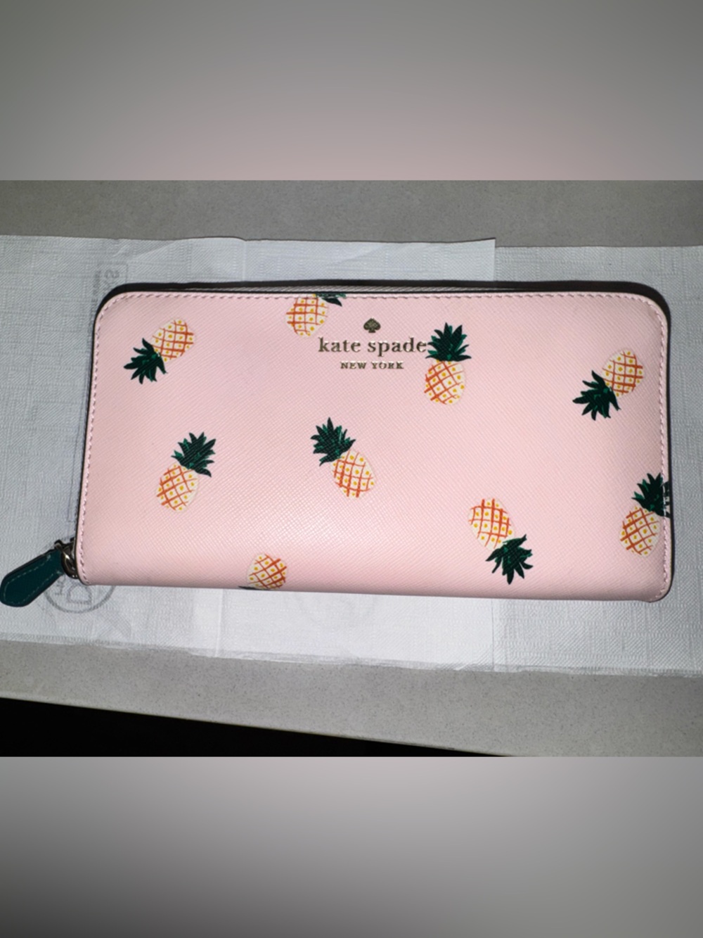 Kate Spade Pink Pineapple Pink Zip around Wallet Green trim - EUC